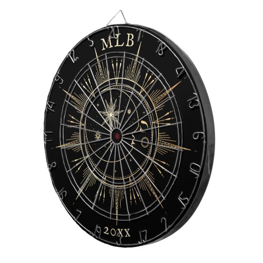 Monogram Celestial Sun Moon Gold Black Year Dartbord (Voorkant Rechts)