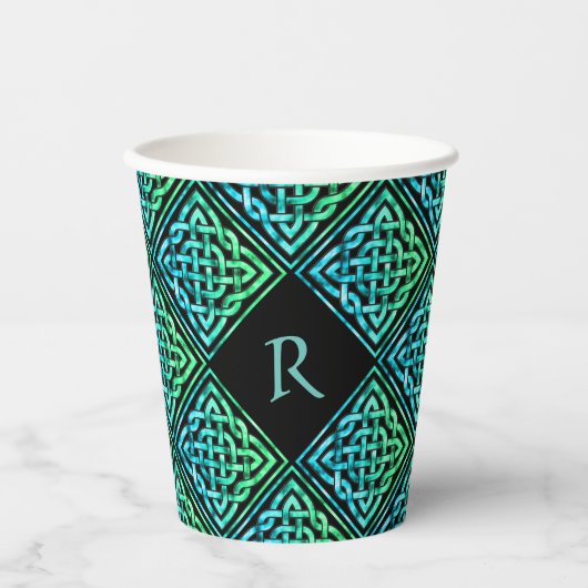 Monogram Celtic Blue Paper Cups Papieren Bekers (Voorkant)