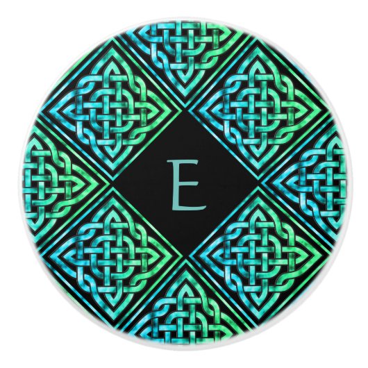 Monogram Celtic Knot Blue Green Ceramic Knob Keramische Knop (Voorkant)