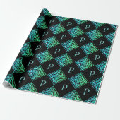 Monogram Celtic Knot Blue Green Wrapping Paper Cadeaupapier (Uitgerold)