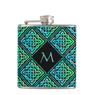 Monogram Celtic Knot Diamond Blue Green Hip Flask Heupfles