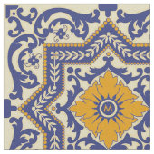 Monogram Ceramic Azulejo Style Blue Oranje Fabric Stof (Close Up)