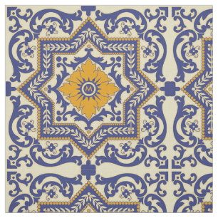 Monogram Ceramic Azulejo Style Blue Oranje Fabric Stof