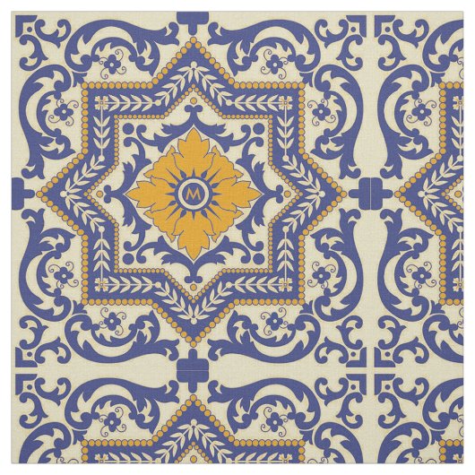 Monogram Ceramic Azulejo Style Blue Oranje Fabric Stof (Swatch)