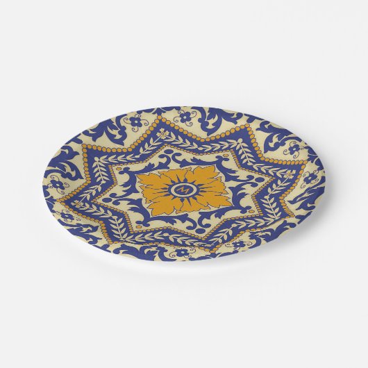 Monogram Ceramic Azulejo Style Blue Paper Bord (Gekanteld)