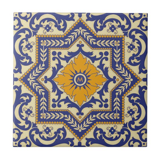 Monogram Ceramic Azulejo Style Blue Tile Tegeltje (Voorkant)