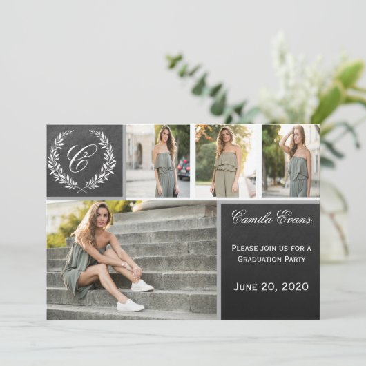 Monogram Chalkboard Graduation Party Kaart (Staand voorkant)