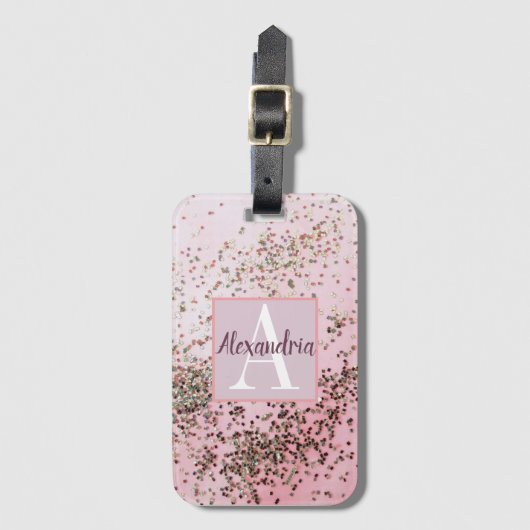 Monogram Champagne Pink Confetti Bagagelabel (Voorkant (verticaal))