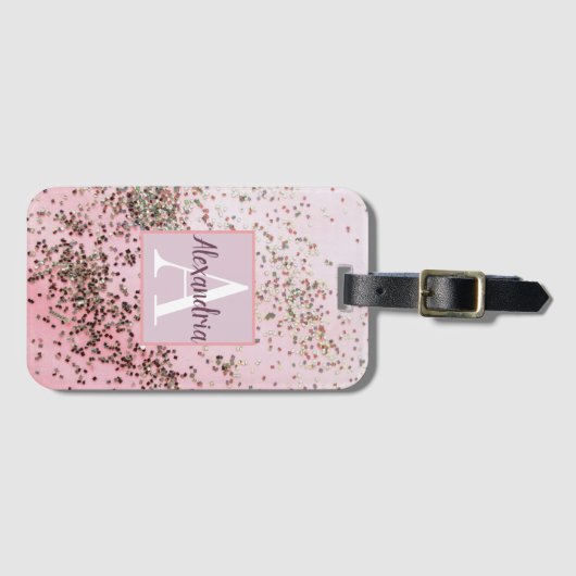 Monogram Champagne Pink Confetti Bagagelabel (Voorkant (horizontaal))