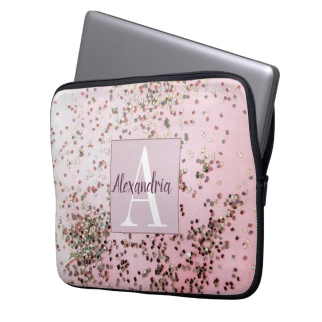 Monogram Champagne Pink Confetti Laptop Sleeve (Voorkant Links)
