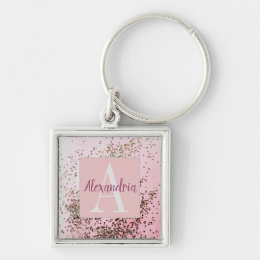 Monogram Champagne Pink Confetti Sleutelhanger (Voorkant)