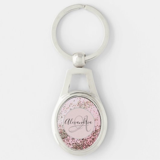 Monogram Champagne Roze Confetti Gepersonaliseerd Sleutelhanger (Voorkant)