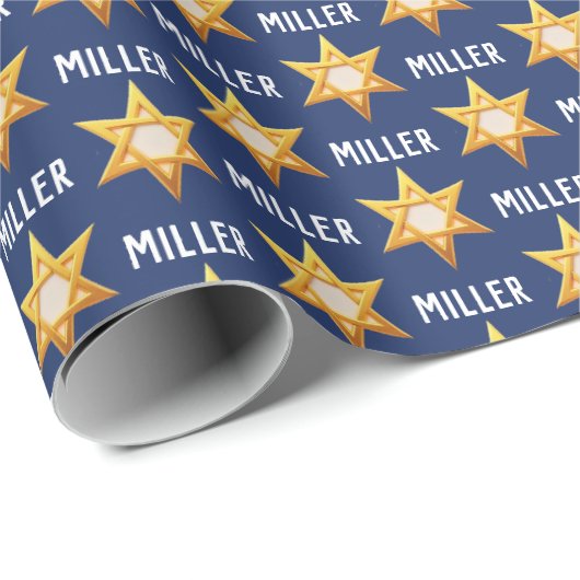 Monogram Chanoeka Golden David Star op Navy Blue Cadeaupapier (Rol Hoek)