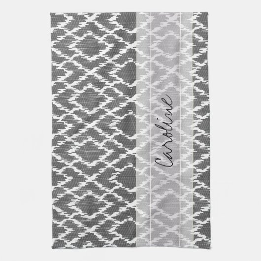 Monogram Charcoal Gray Tribal Ikat Diamond Pattern Theedoek (Verticaal)