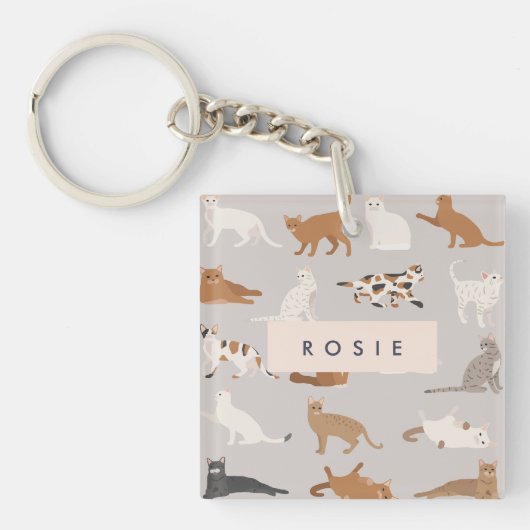 Monogram Charmante Kattenpatroon Kattenliefhebbers Sleutelhanger (Voorkant)