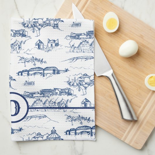 Monogram Chattanooga Toile Blue Theedoek (Quarter Fold)