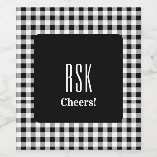 Monogram Cheers! Black & White Buffalo Check (6) Wijn Etiket (Enkel label)