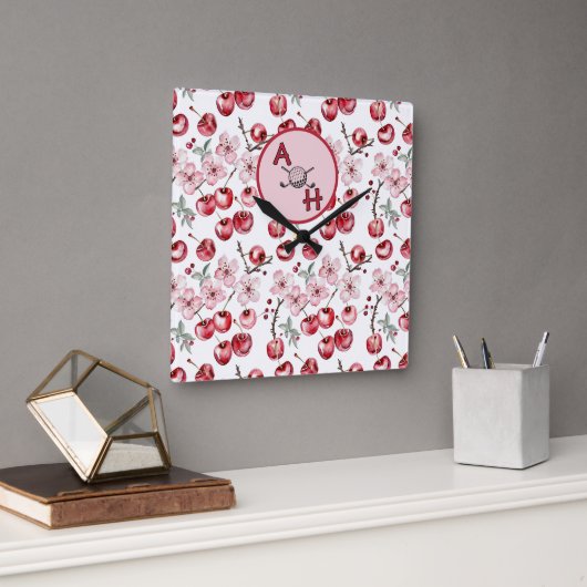 Monogram Cherry Blossom Golf-thema gepersonaliseer Vierkante Klok (Kantoor)