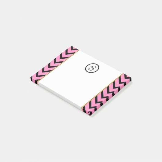 Monogram chevron gepersonaliseerd roze zwart goud post-it® notes (Schuin)