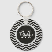 Monogram, Chevron, Pattern, Black, Silver Sleutelhanger (Voorkant)