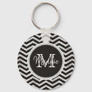 Monogram, Chevron, Pattern, Black, Silver Sleutelhanger
