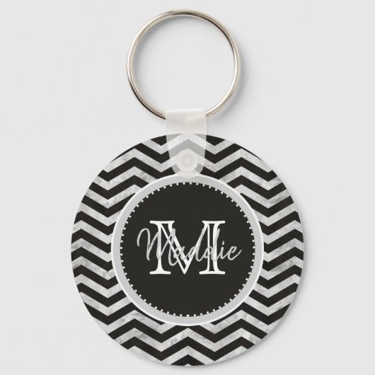 Monogram, Chevron, Pattern, Black, Silver Sleutelhanger (Voorkant)