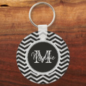 Monogram, Chevron, Pattern, Black, Silver Sleutelhanger (Voorkant)
