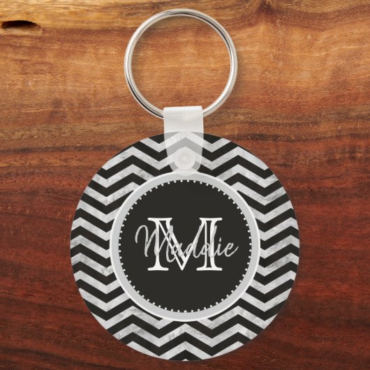 Monogram, Chevron, Pattern, Black, Silver Sleutelhanger (Voorkant)