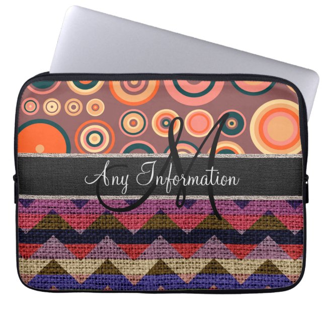 Monogram Chevron Zigzag Burlap Jute Circles Laptop Sleeve (Voorkant)