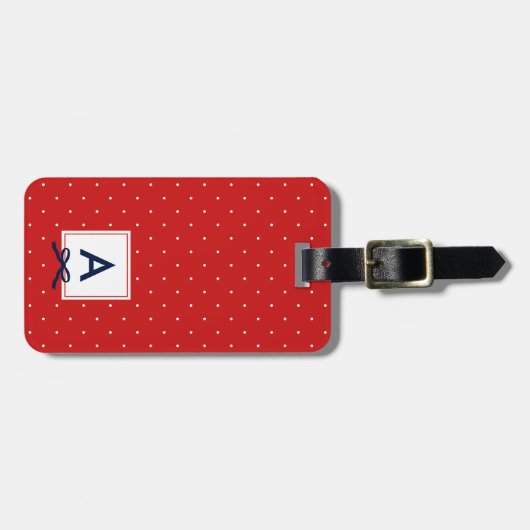Monogram Chic Blue Ribbon Red Polka Dot. Bagagelabel (Voorkant horizontaal)