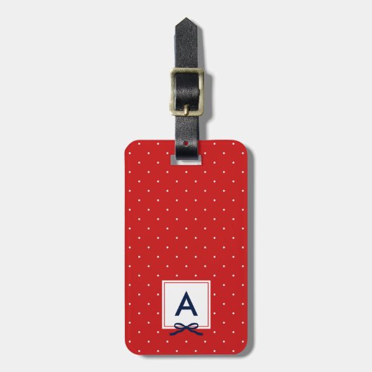 Monogram Chic Blue Ribbon Red Polka Dot. Bagagelabel (Voorkant verticaal)