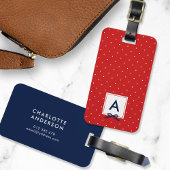 Monogram Chic Blue Ribbon Red Polka Dot. Bagagelabel