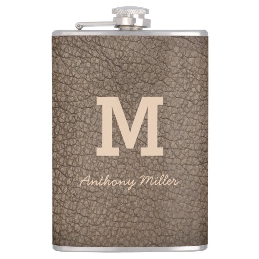 Monogram Chic Bruin Leren Naam Schrift Modern Heupfles (Voorkant)