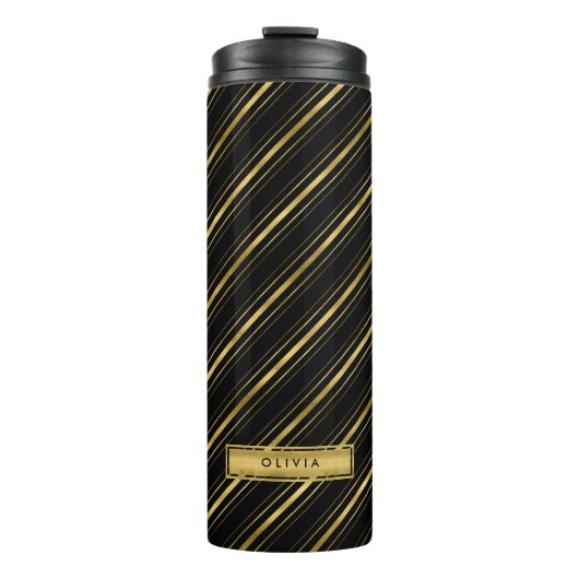 Monogram Chic Elegant Black en Faux Gold Stripes Thermosbeker (Voorkant)