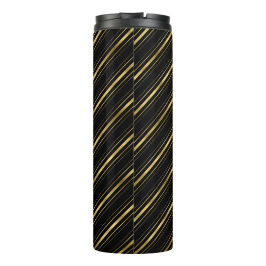Monogram Chic Elegant Black en Faux Gold Stripes Thermosbeker (Achterkant)