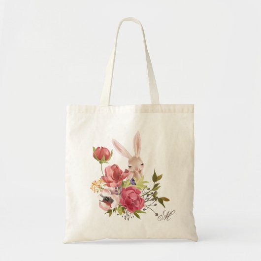 Monogram Chic Floral Bunny Rabbit Pasen Tote Bag (Voorkant)