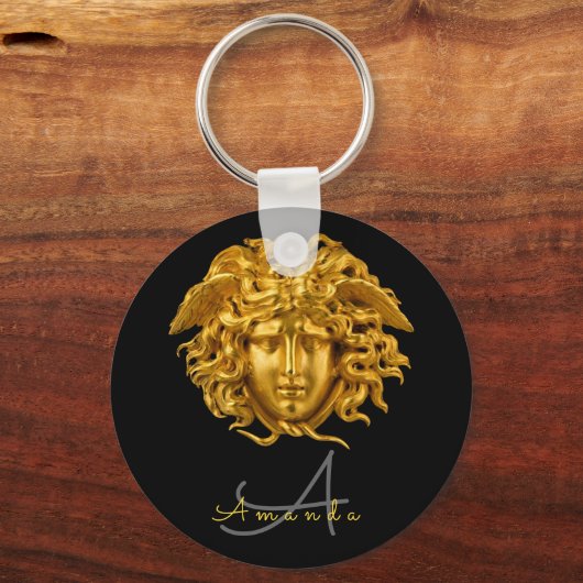 Monogram Chic Frans Goud Medusa Masker Zwart Sleutelhanger (Voorkant)