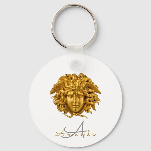 Monogram Chic Frans Gouden Medusa Masker Wit Sleutelhanger (Voorkant)