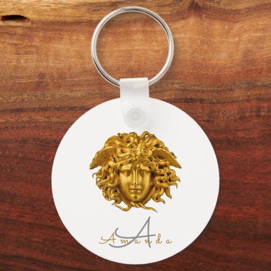 Monogram Chic Frans Gouden Medusa Masker Wit Sleutelhanger (Voorkant)