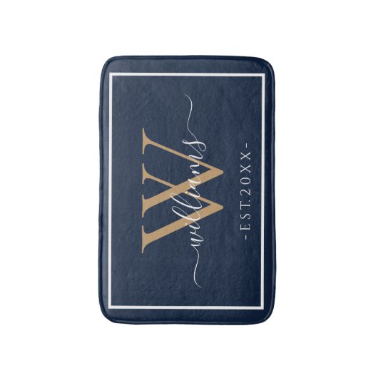 Monogram Chic Gold Script Names Wedding Date Navy Badmat (Voorkant Verticaal)