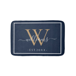 Monogram Chic Gouden Script Namen Trouwdatum Navy Badmat