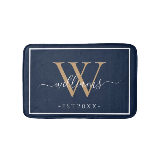 Monogram Chic Gouden Script Namen Trouwdatum Navy Badmat (Voorkant)