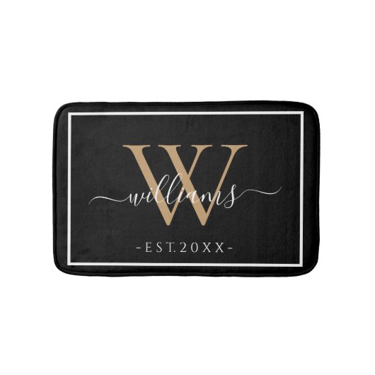 Monogram Chic Gouden Script Namen Trouwdatum Zwart Badmat (Voorkant)