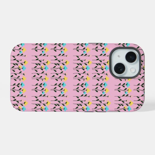 Monogram chic grijs bloemmotief iPhone 15 case (Achterkant horizontaal)