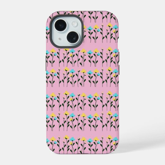 Monogram chic grijs bloempatroon iPhone 15 case (Achterkant)