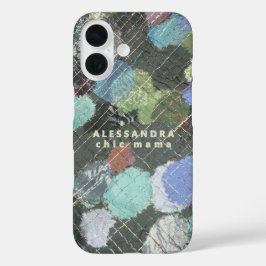 Monogram Chic Mama Abstract Groen Blauw Witte Stip iPhone 16 Hoesje