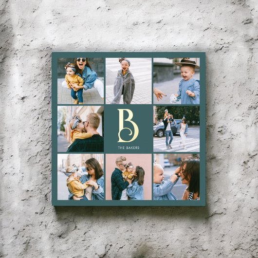 Monogram Chic Multi Photo Blauwgroen Folie Afdrukken