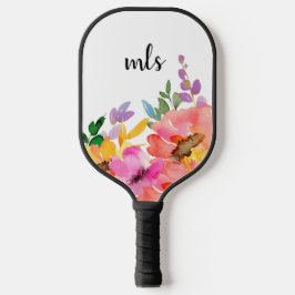 Monogram Chic Pink Trendy Waterverf Floral Pickleball Paddle