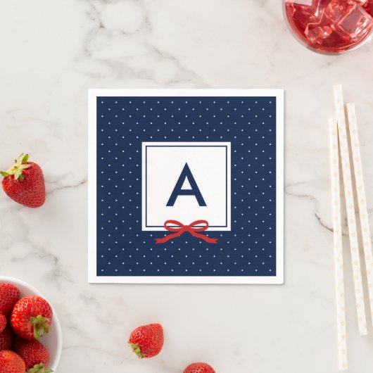 Monogram Chic Red Ribbon Blue Polka Dot Pattern Servetten (Insitu)