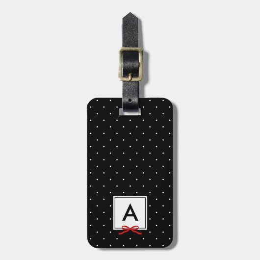 Monogram Chic Red Ribbon Polka Dot Black Bagagelabel (Voorkant verticaal)